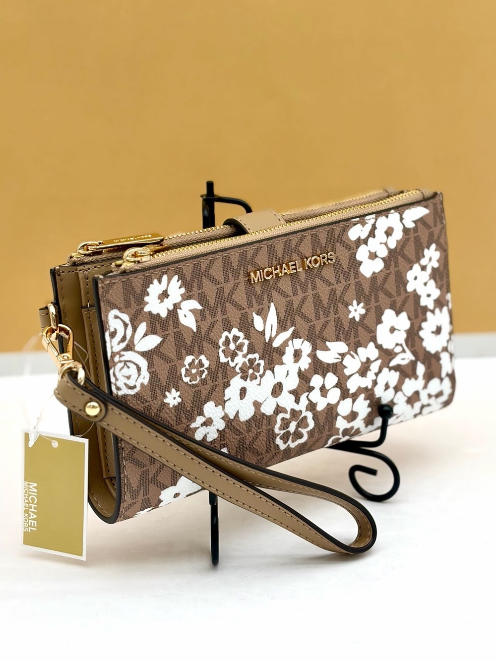 Michael Kors Brown & White Floral Logo Wristlet